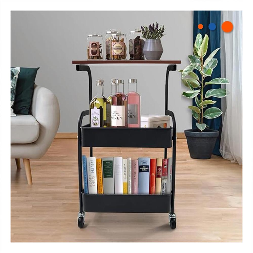 Carrito Estante con Mesa 3 Niveles Estilo Compacto con Ruedas Negro Y Regalo Sticker