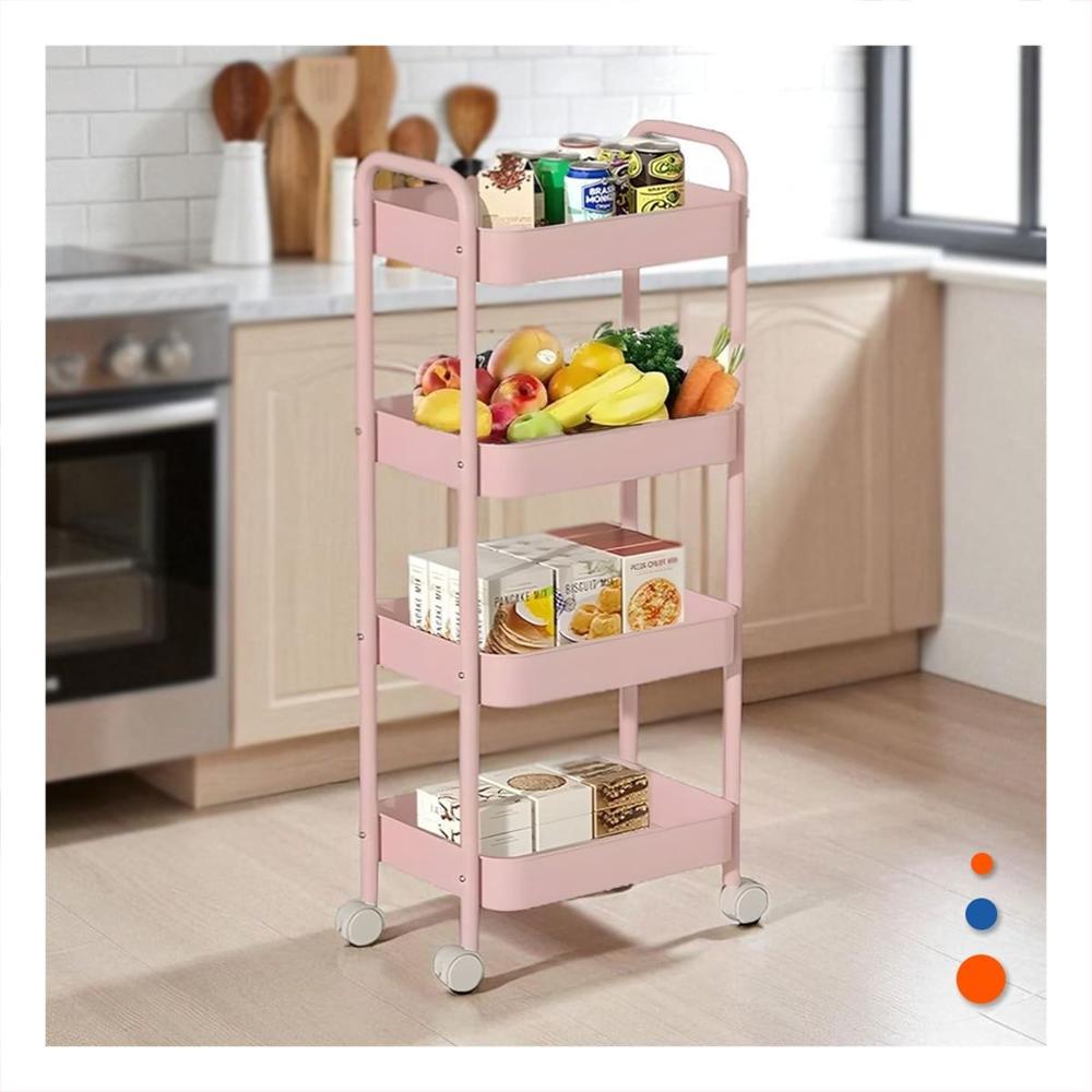 Soporte practico de 4 niveles con ruedas y asas para casa metal rosado Y Regalo Sticker