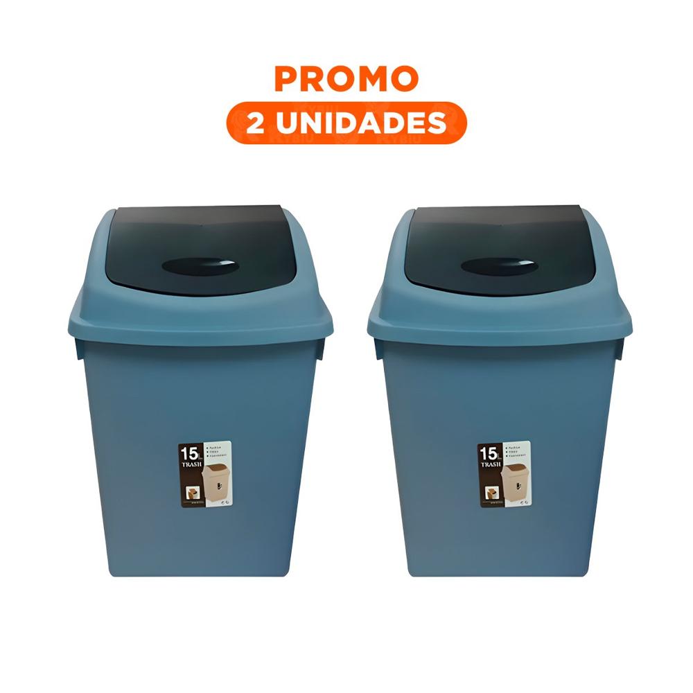Pack2 Tacho Vaiven de Basura con Tapa en Azul y Capacidad Practica 15L