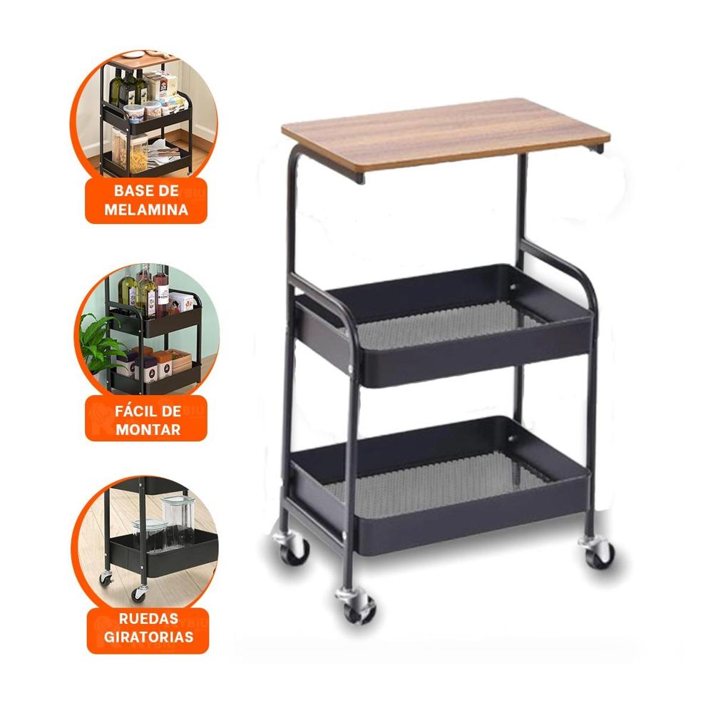 Carrito Estante con Mesa 3 Niveles Forma Moderna con Ruedas Negro Y Ligas Regalo