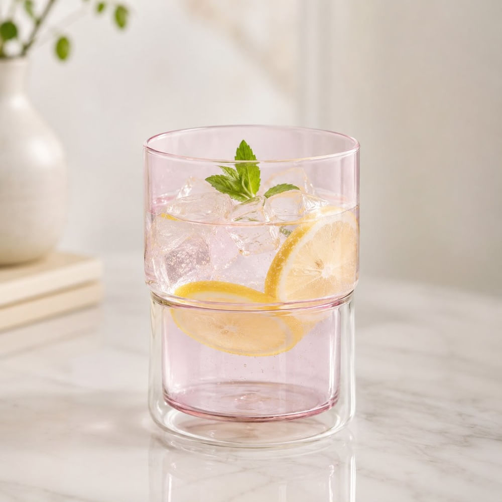 2  Vasos Doble Pared Rosado 350 ml Para Bebidas Frias y Calientes