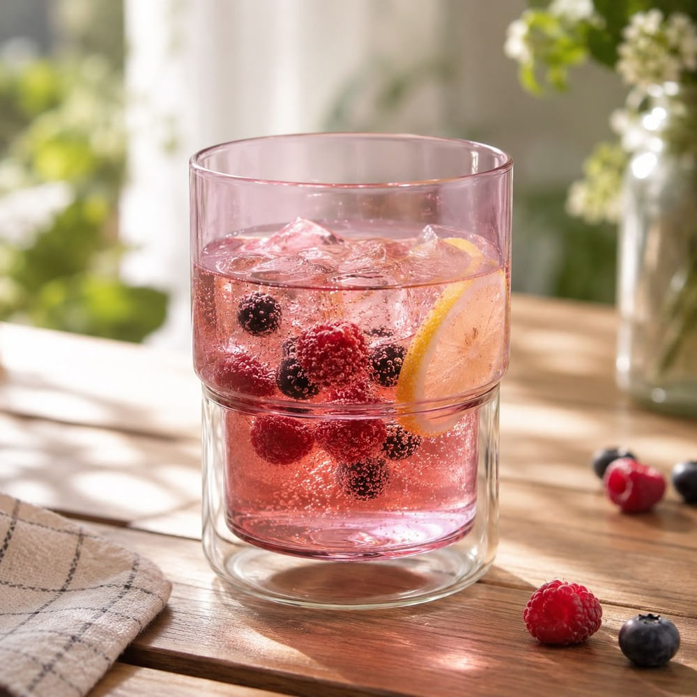 4  Vasos Doble Pared Rosado 350 ml Para Bebidas Frias y Calientes