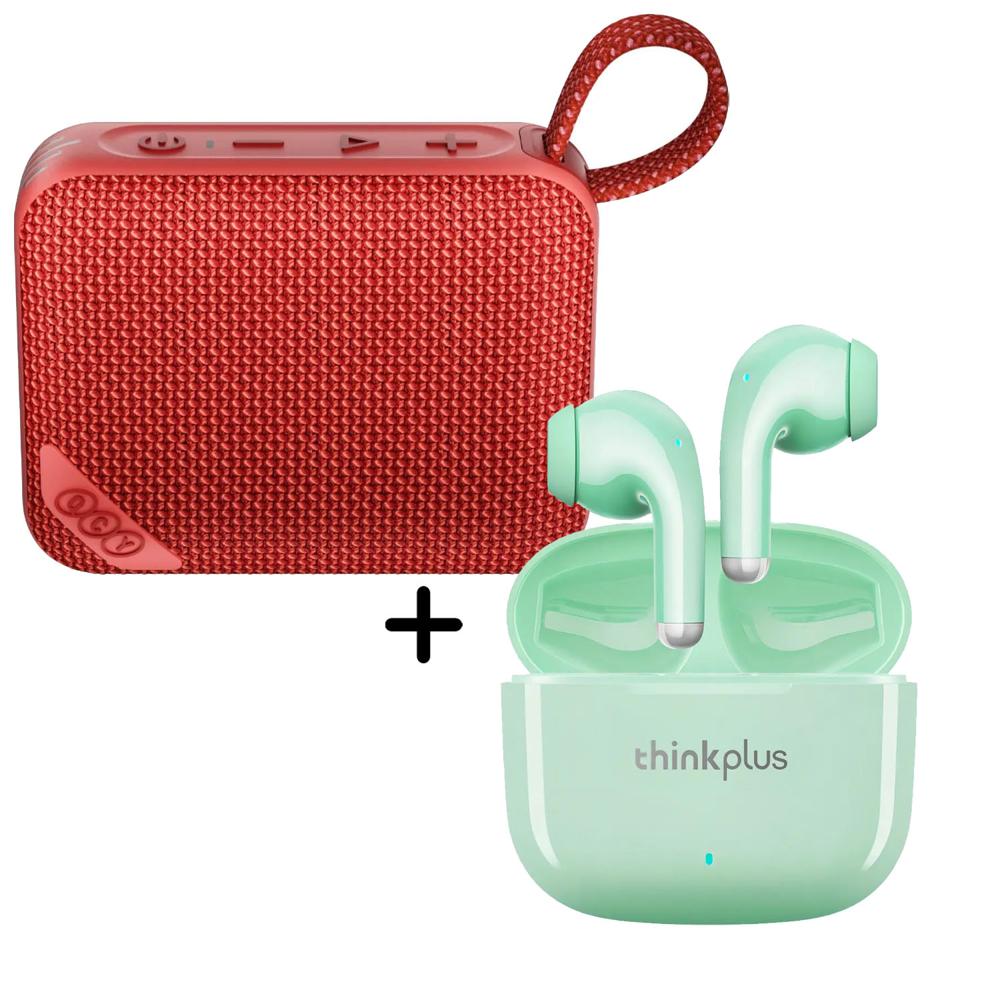 Combo Parlante QCY SP2 Rojo 5W  Audífonos Lenovo LP40 Pro Verde
