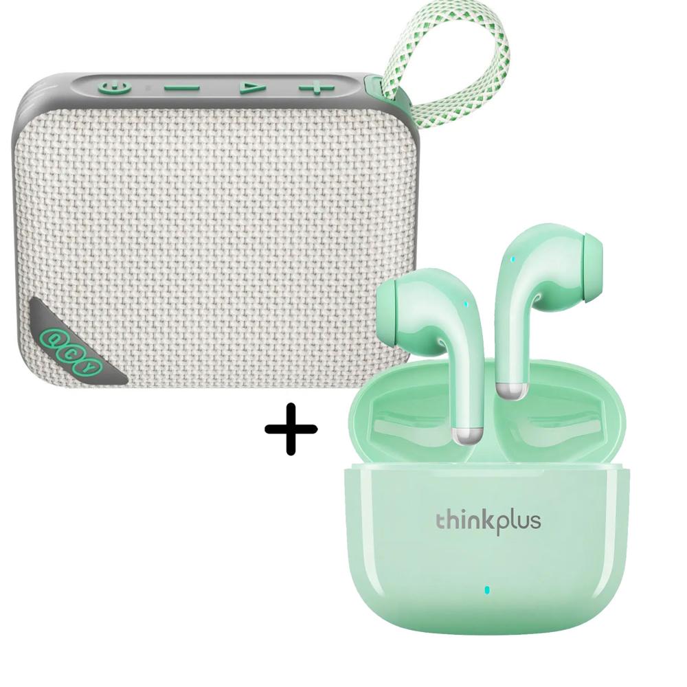 Combo Parlante QCY SP2 Marrón 5W -  Audífonos Lenovo LP40 Pro Verde