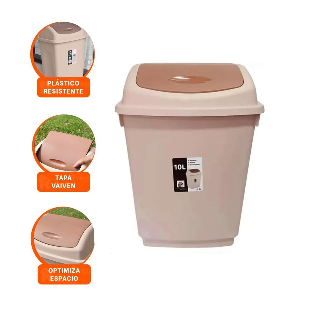 Recipiente con Tapa Vaiven para Basura Color Marron 10L Y Ligas Regalo
