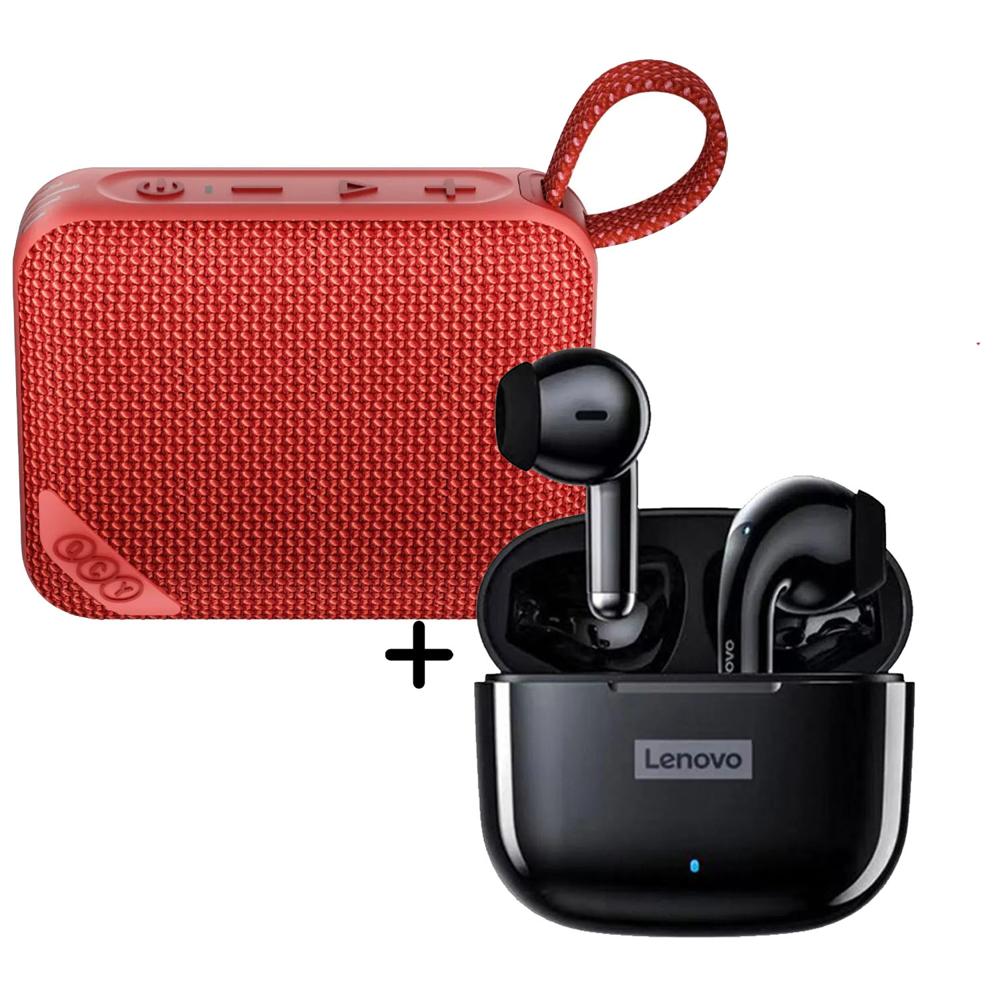 Combo Parlante QCY SP2 Rojo 5W -  Audífonos Lenovo LP40 Pro Negro