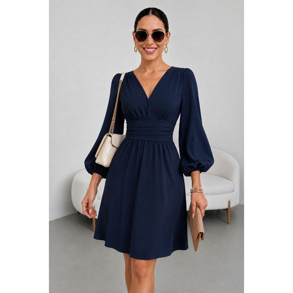 Vestido Midi Manga Larga Drapeado Vestido Midi Drapeado Azul M