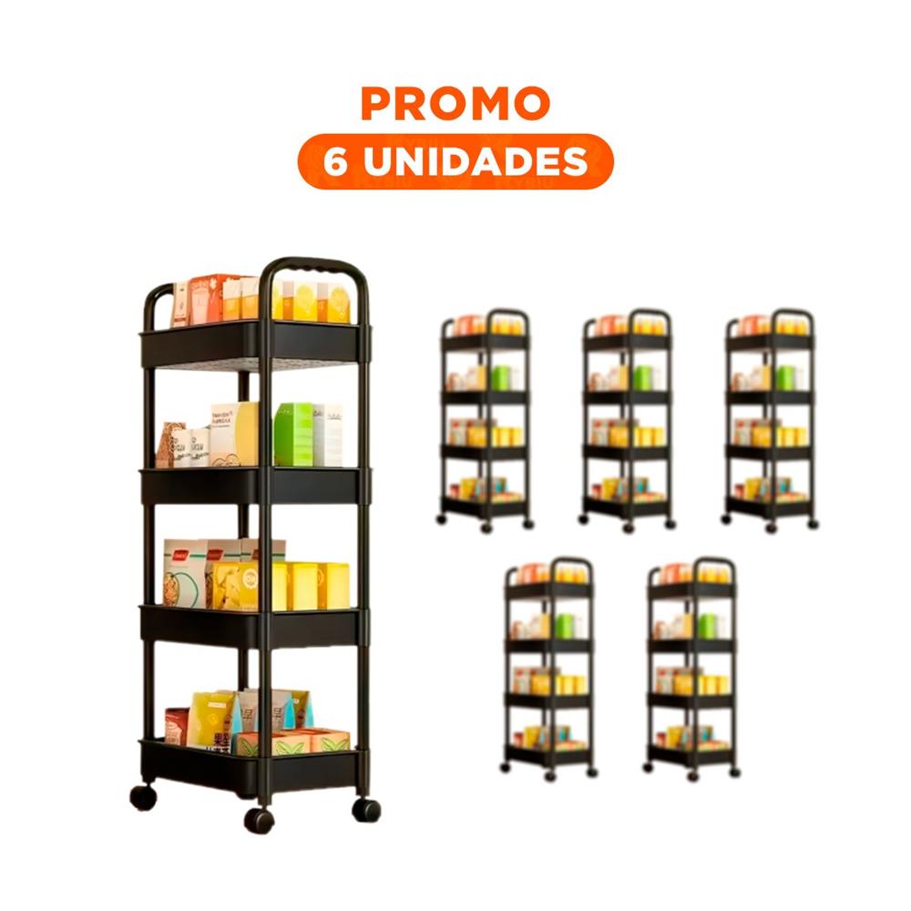 Pack6 Estante para Orden 4 Niveles con Ruedas y Asas de Plastico Negro para Hogar
