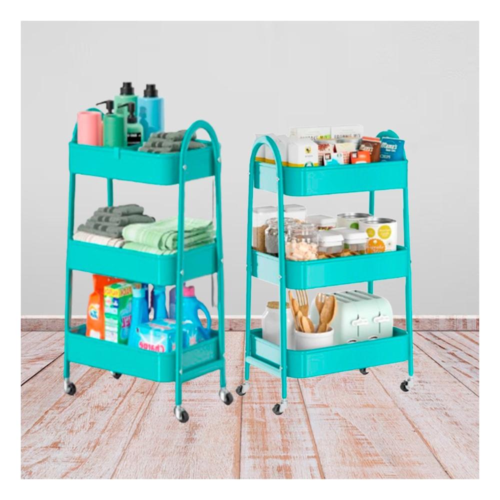 Organizador moderno 3 niveles con ruedas y asas metal celeste funcional Y notas