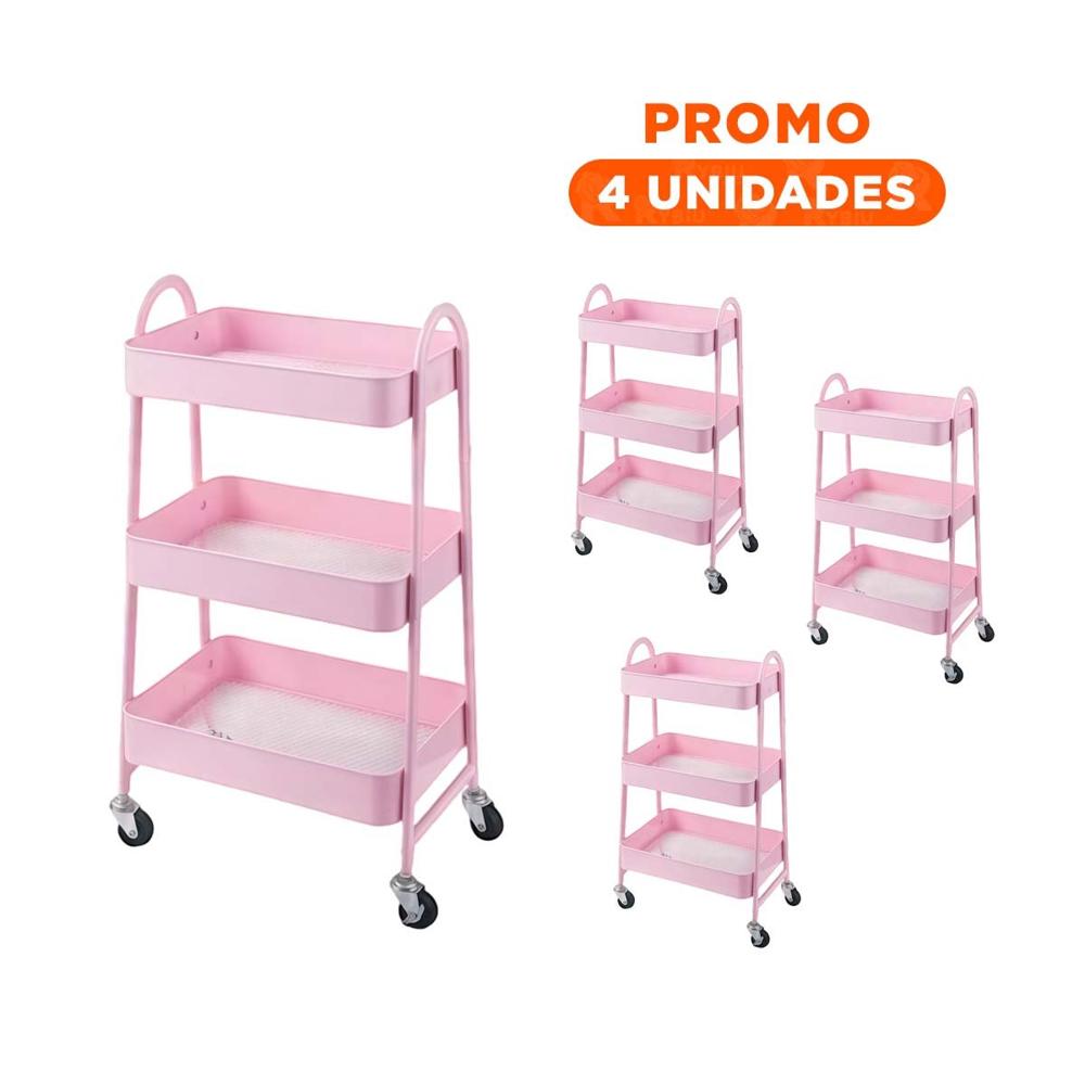 Pack4 Bandeja funcional 3 niveles con ruedas y asas metal rosado para hogar Y Regalo Sticker