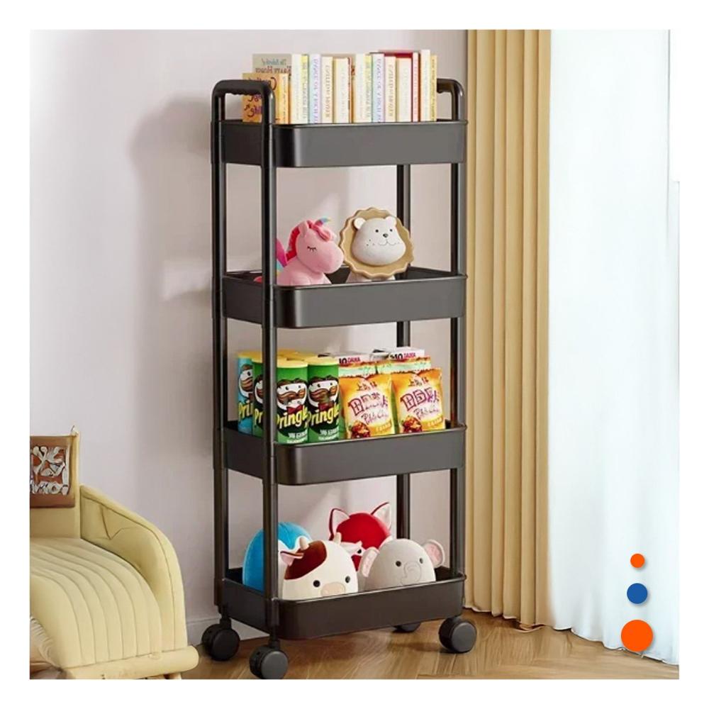 Rack de Orden 4 Niveles con Ruedas y Asas de Plastico Negro para Hogar Y notas