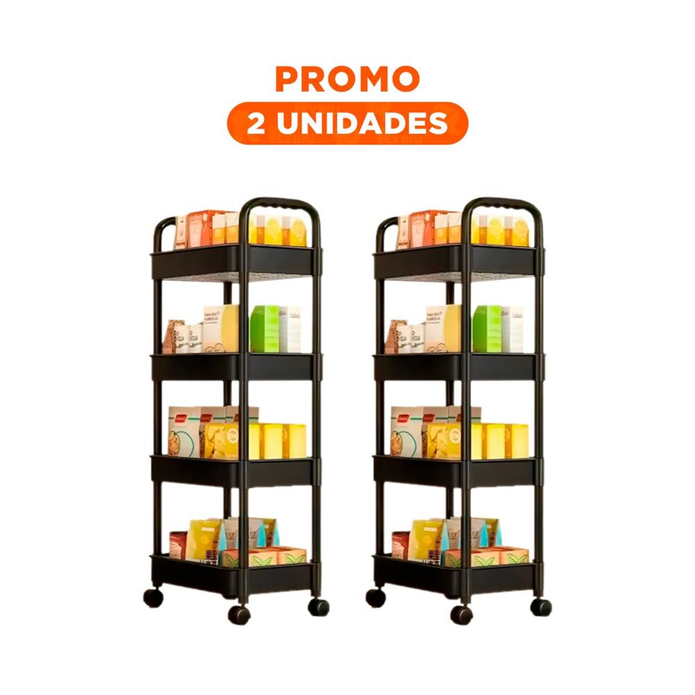 Pack2 Rack Movil 4 Niveles con Ruedas y Asas de Plastico Negro para Cocina