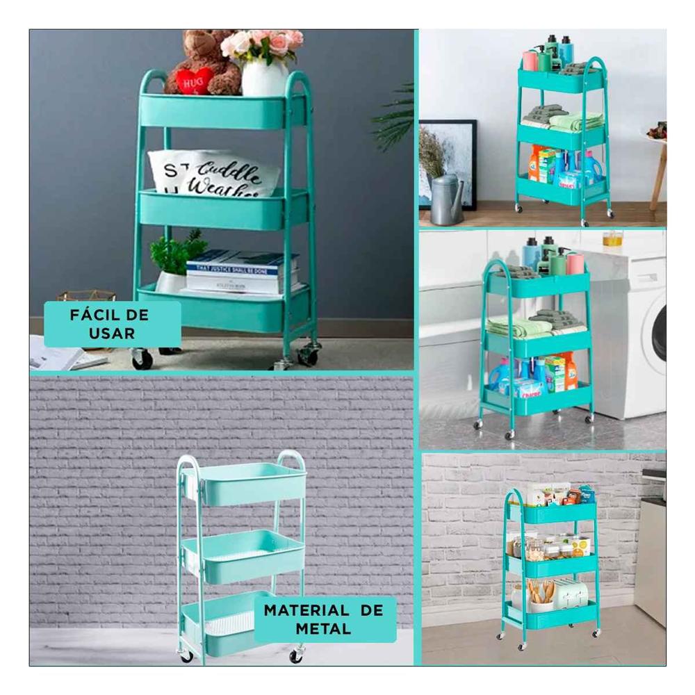 Repisa compacta 3 niveles con ruedas y asas metal celeste funcional