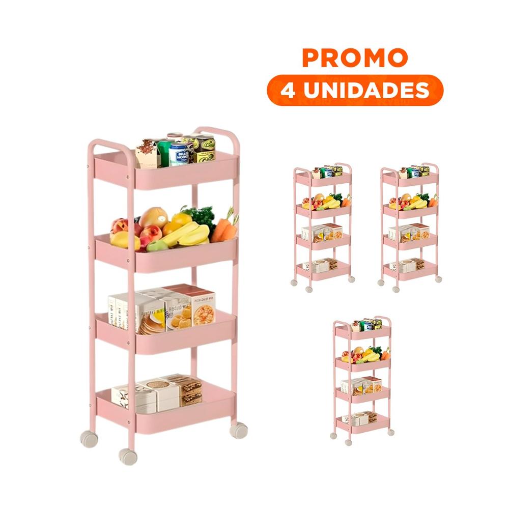 Pack4 Soporte auxiliar de 4 niveles con ruedas y asas para casa metal rosado Y Regalo Sticker