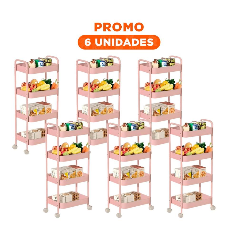 Pack6 Modulo funcional de 4 niveles con ruedas y asas para hogar metal rosado