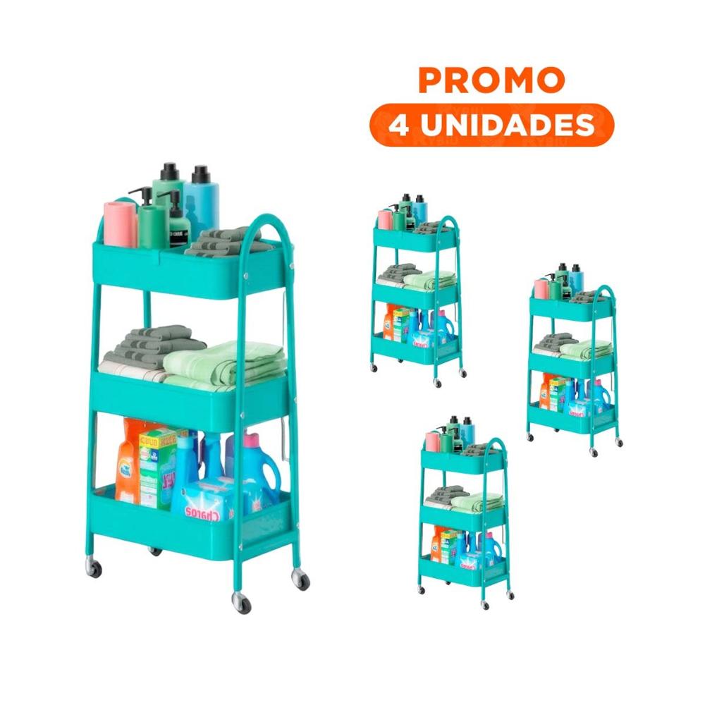 Pack4 Rack portatil 3 niveles con ruedas y asas metal celeste resistente Y Regalo Sticker