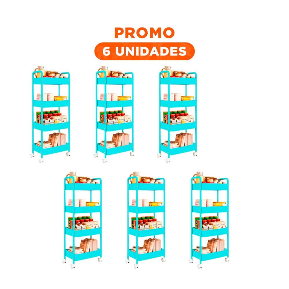 Pack6 Contenedor Movil de Cuatro Niveles con Ruedas y Asas Metal Celeste Casa