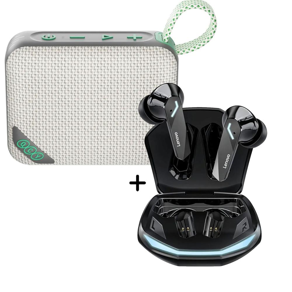 Combo Parlante QCY SP2 Marrón -  Audífonos Lenovo GM2 Pro Negro