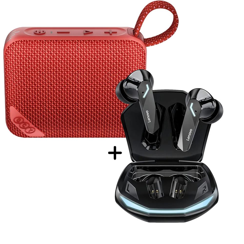 Combo Parlante QCY SP2 Rojo -  Audífonos Lenovo GM2 Pro Negro