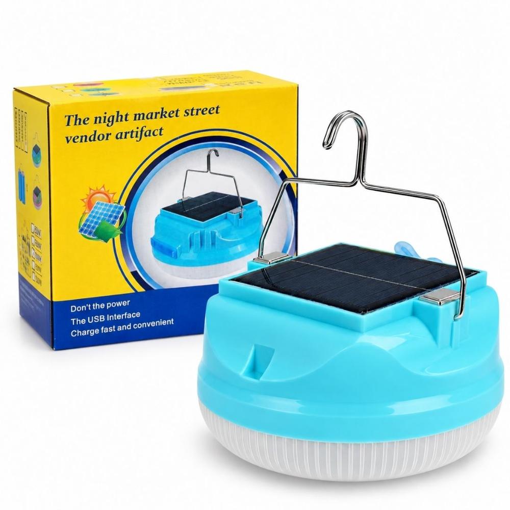 Lámpara Foco Solar LED Luz Fría 50W Recargable USB con Gancho Camping Emergencias