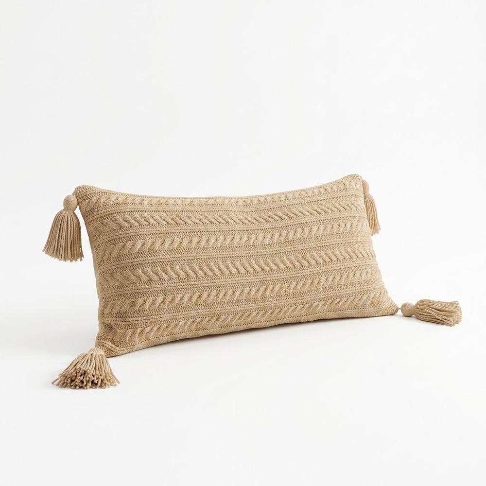 Cojín Boho Trenzas XL Beige con Borlas 60 x 25 cm
