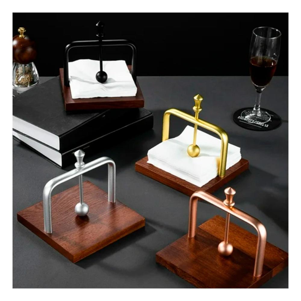 Servilletero Vertical de Color Dorado con Base Madera y Brazo Dispensador para Mesa