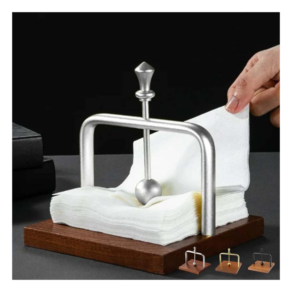 Servilletero Vertical de Color Plateado con Base Madera y Brazo Dispensador para Mesa