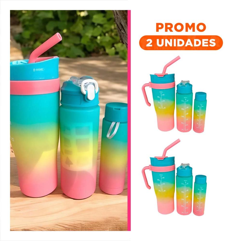 Pack2 Set Trio Tricolor Verde Amarillo Rosado 1200ml 800ml 300ml Facil Limpiar Y Regalo Sticker
