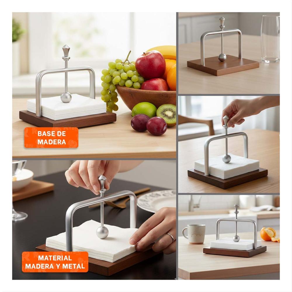Servilletero de Mesa de Color Plateado de Base Madera y Sistema Dispensador Y Ligas Regalo