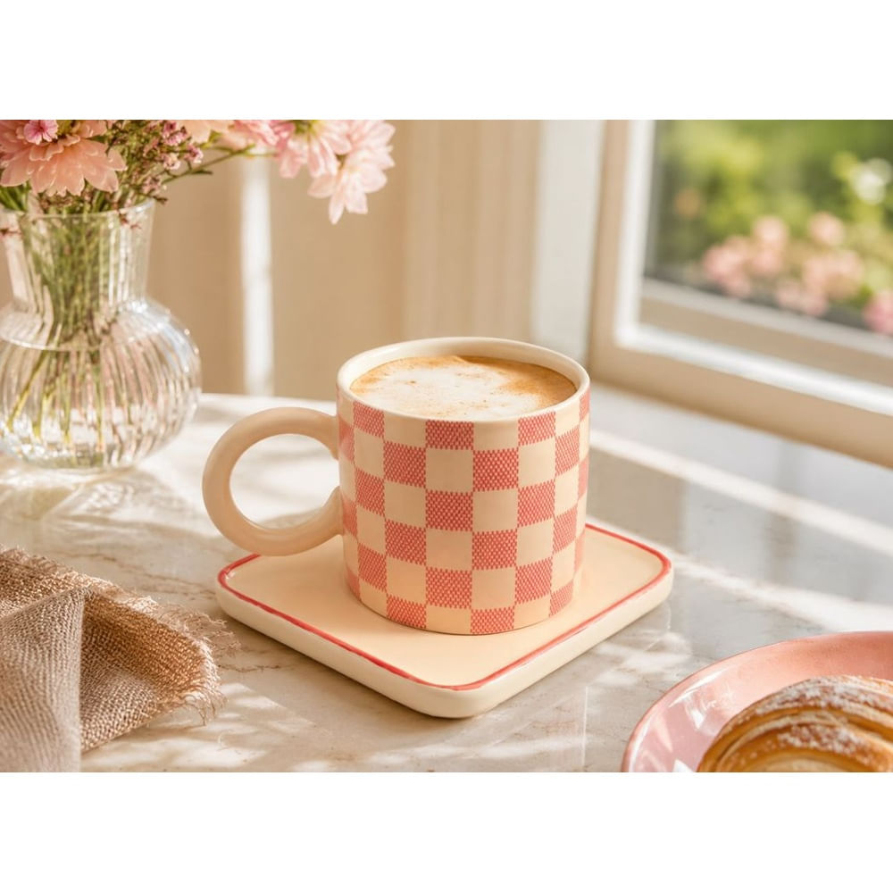 Taza de Cerámica con Plato Cuadrado 250 ml Rosa  Diseño a Cuadros