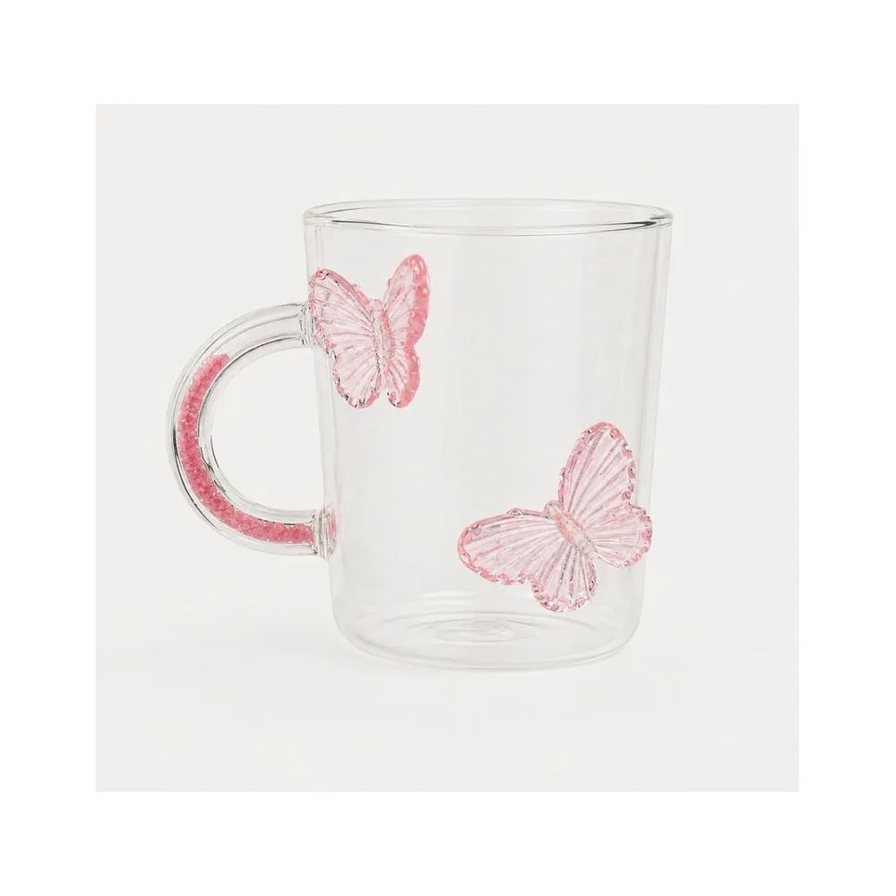 Taza de Vidrio Borosilicato 450ml con Mariposas 3D Rosado y Asa Decorada