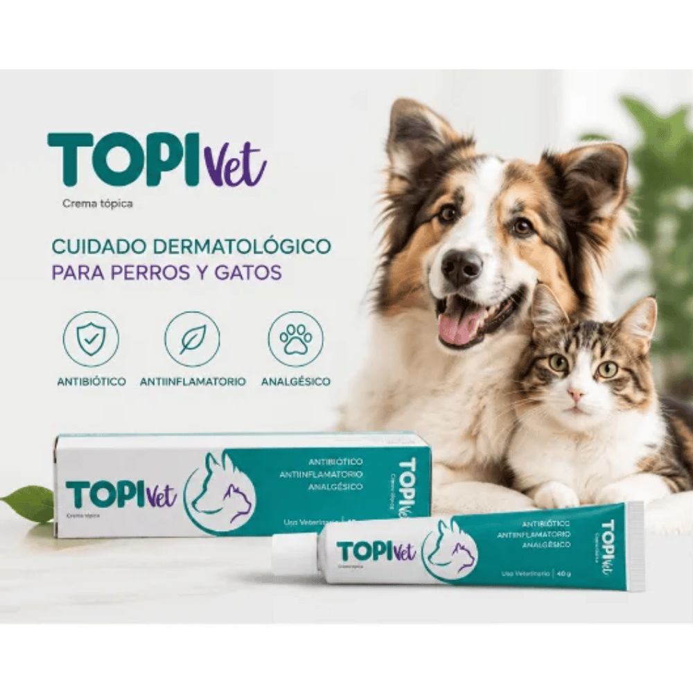 TOPIVet Crema Tópica para Perros y Gatos - Antibiótico Antiinflamatorio y Analgésico - 40 gr