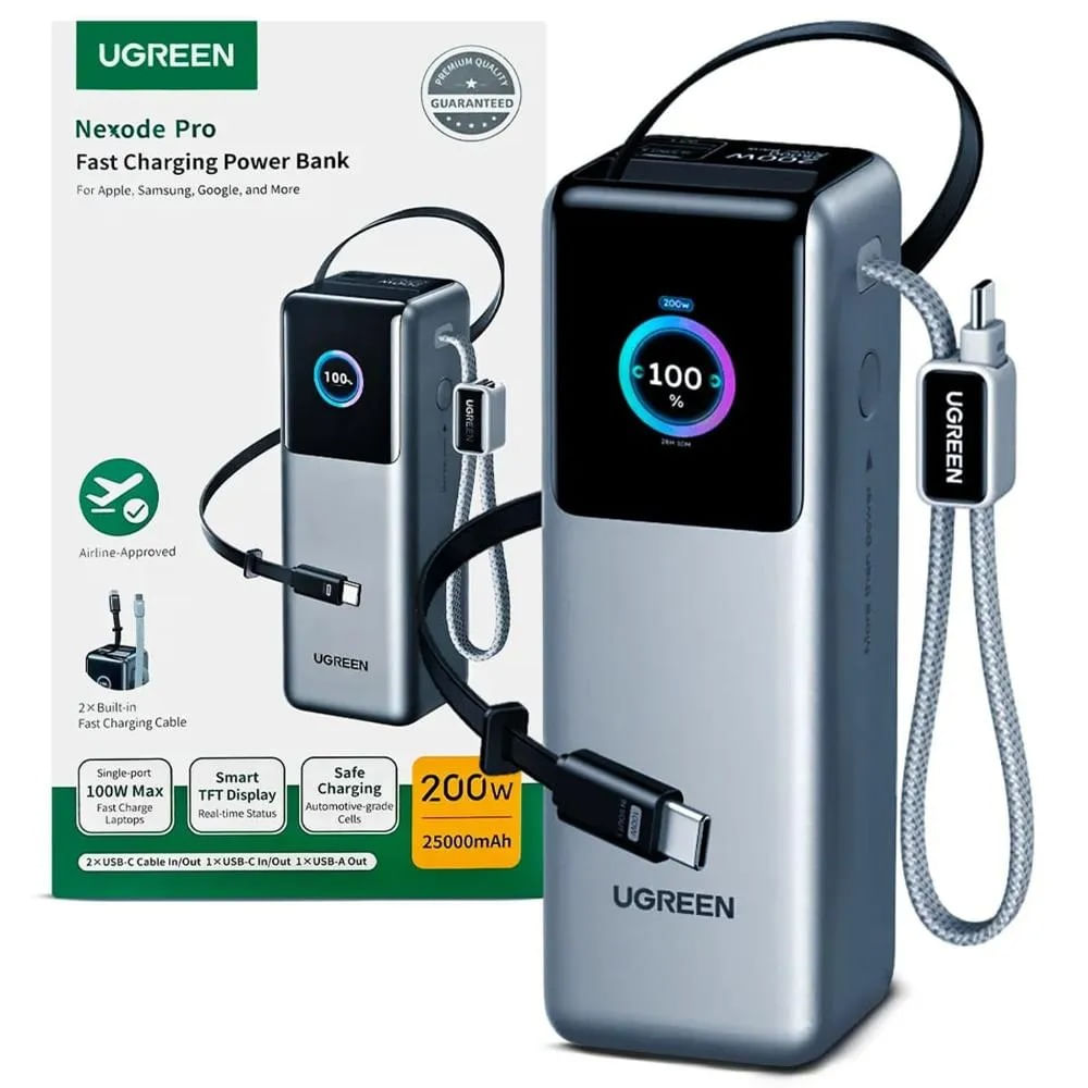 Power Bank UGREEN PB728 25000mAh 200W - 2 Cables USB-C Integrados