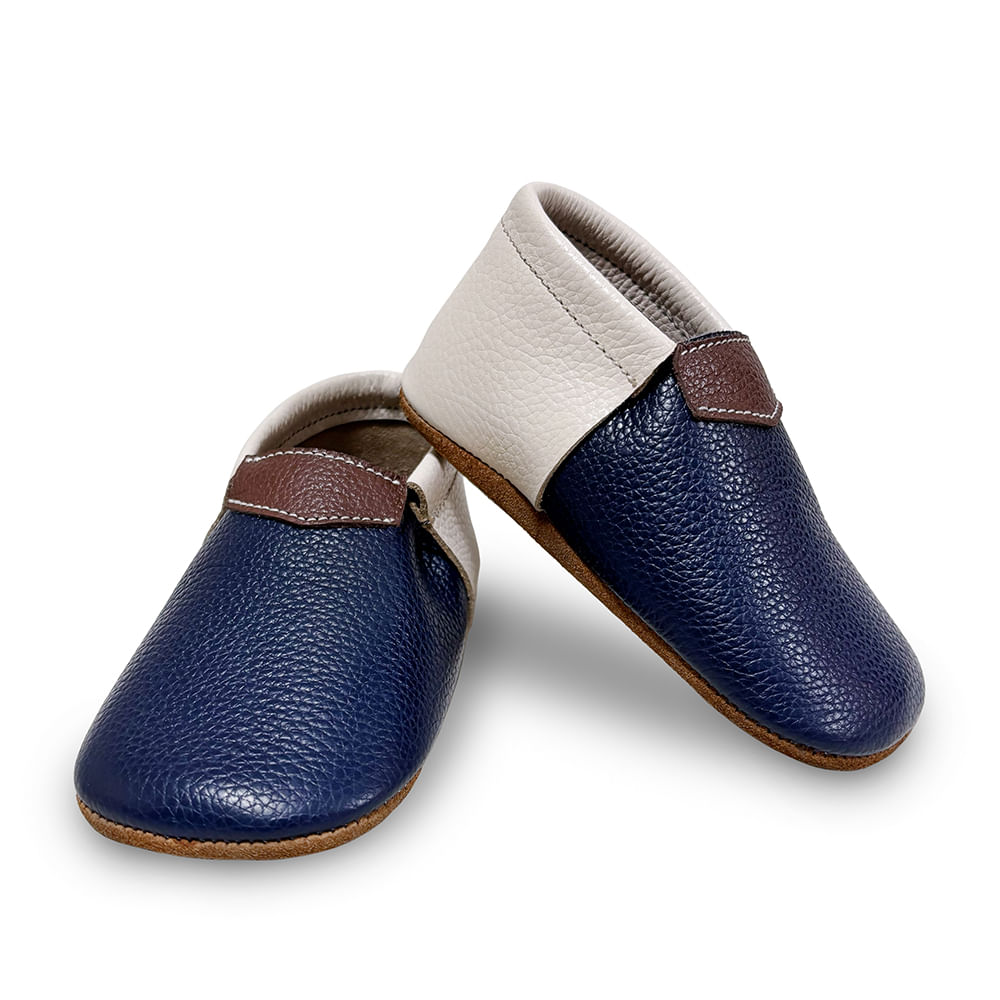 Zapatos Mocs de Cuero Tricolor punta Azul hechos a mano para Bebés y niños