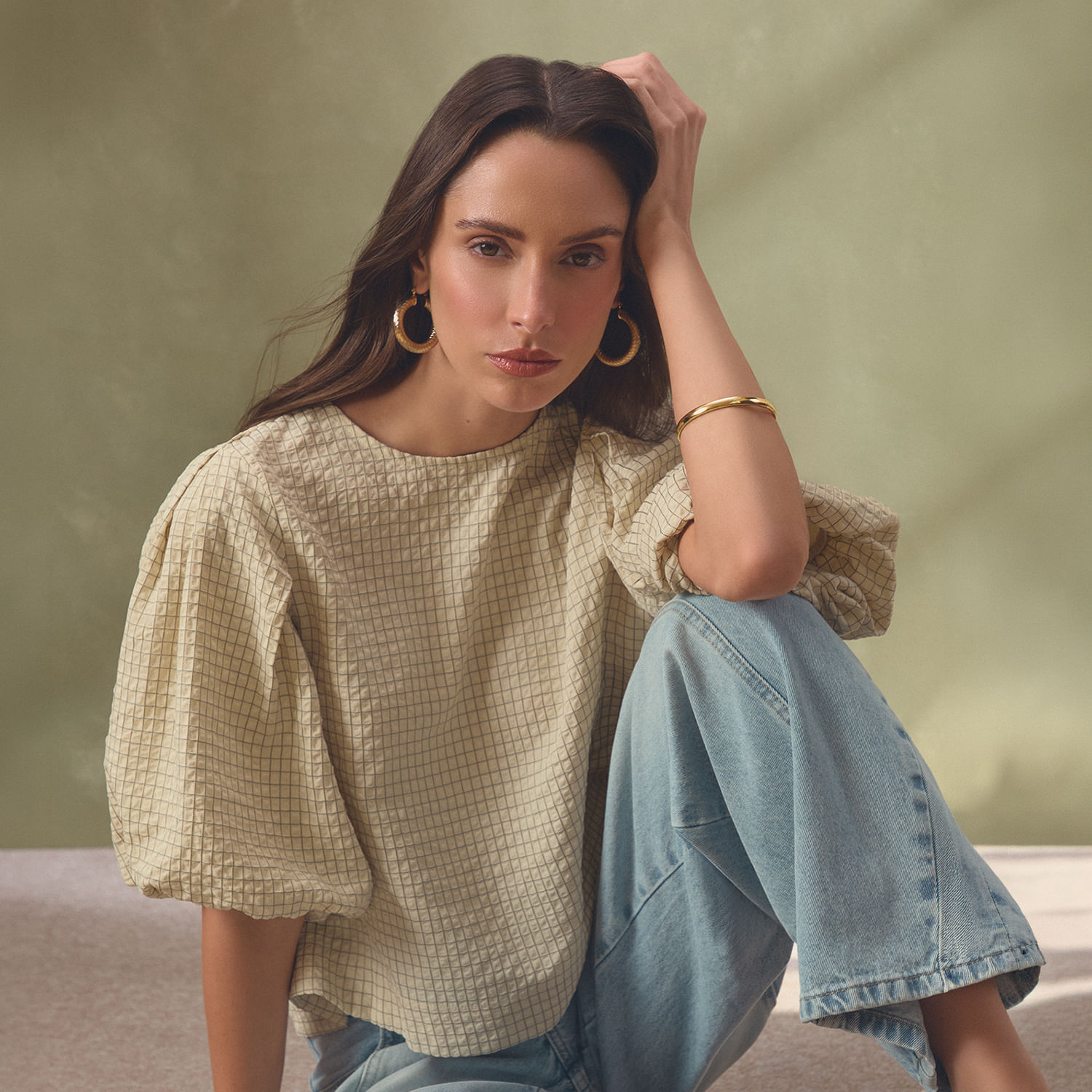 Blusa Mujer Checks Malabar Manga Corta Crema L