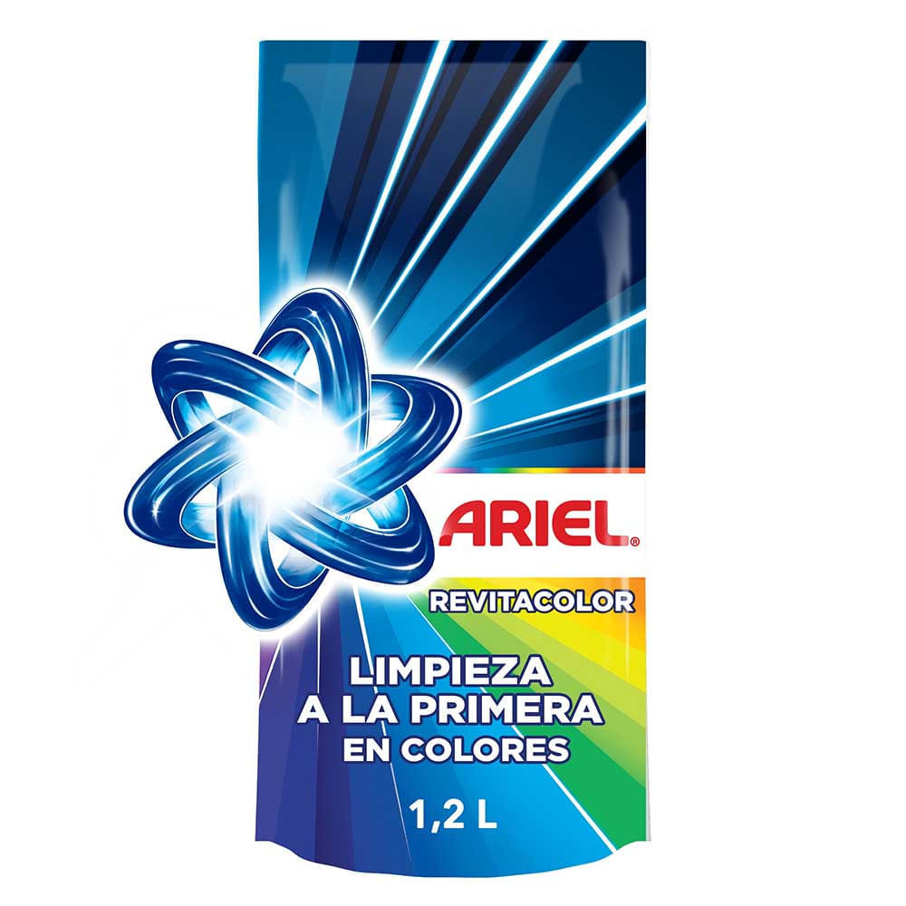 Detergente Líquido ARIEL Revitacolor Limpieza a la Primera en Colores Bolsa 1.2L