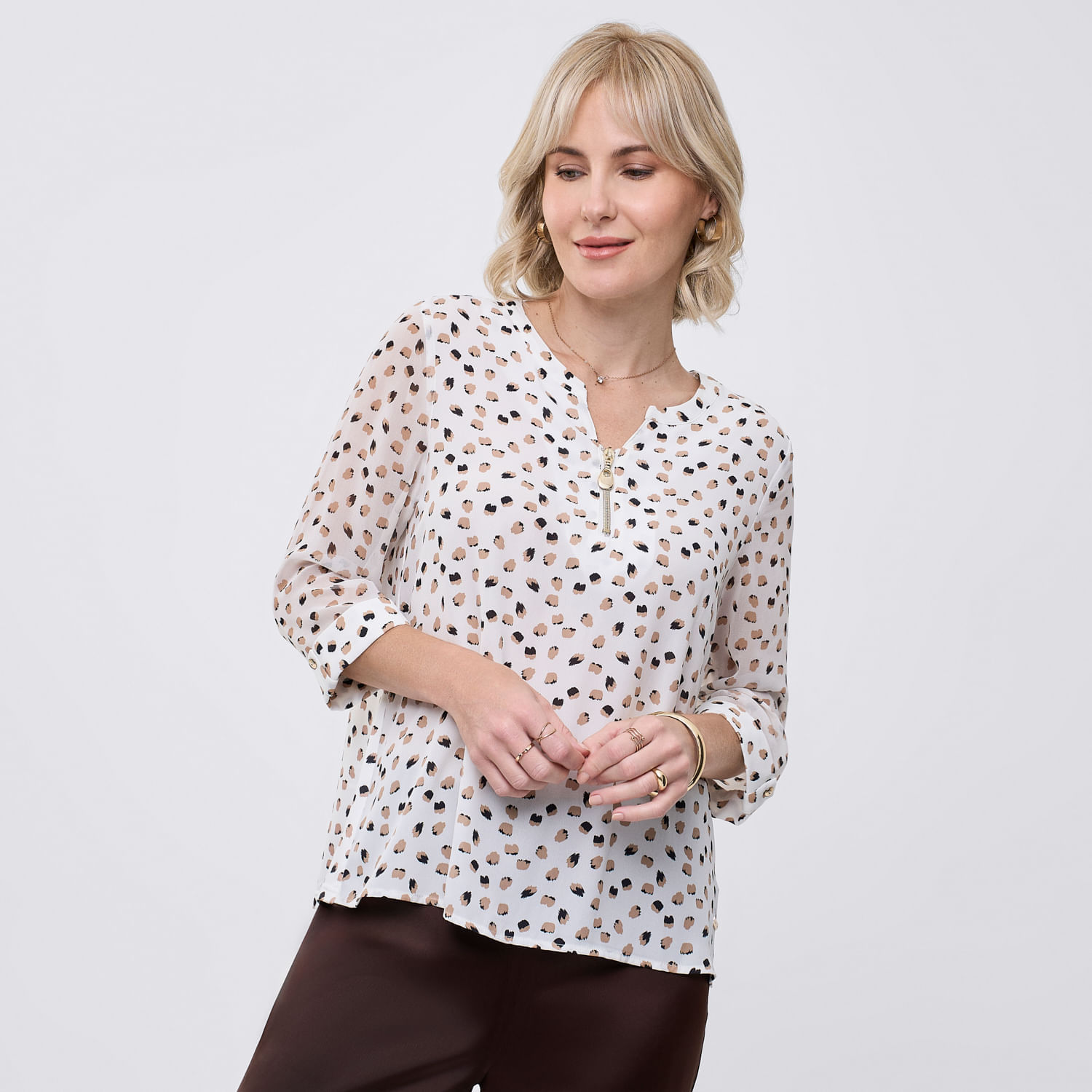 Blusa Mujer Zip Zafin Manga 3/4 Hueso L
