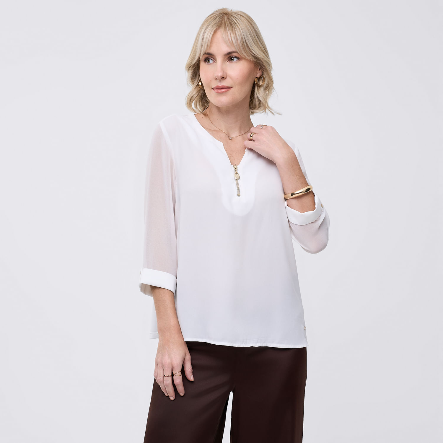 Blusa Mujer Zip Zafin Manga 3/4 Blanco M