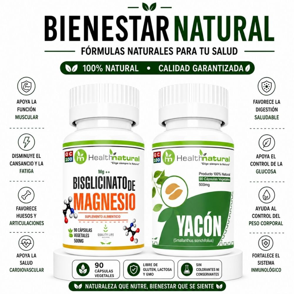 BISGLICINATO DE MAGNESIO HEALTHNATURAL  Y YACÓN HEALTHNATURAL 500MG