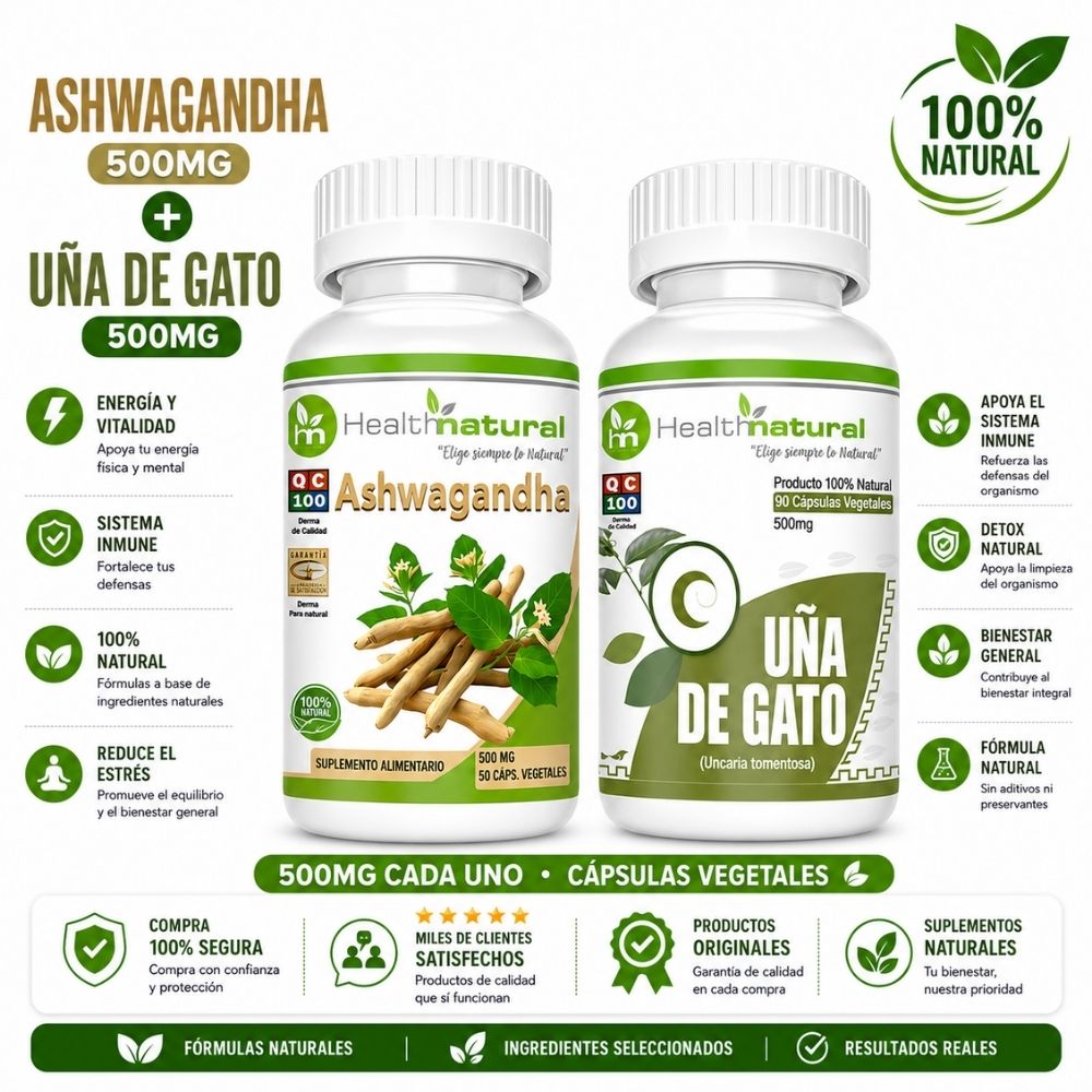 ASHWAGANDHA HEALTHNATURAL 500MG Y UÑA DE GATO HEALTHNATURAL 500MG