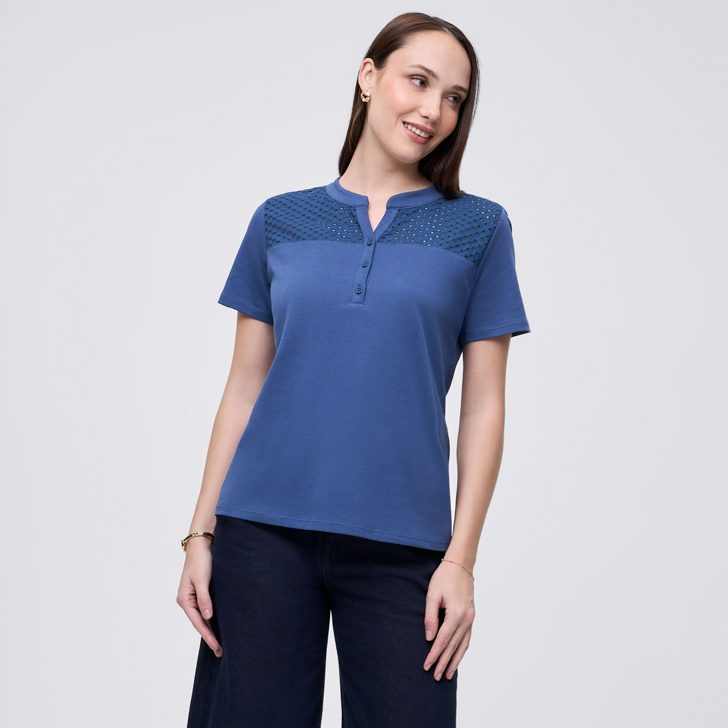 Polo Mujer Greca Pechera Madison Manga Corta Azul Acero S