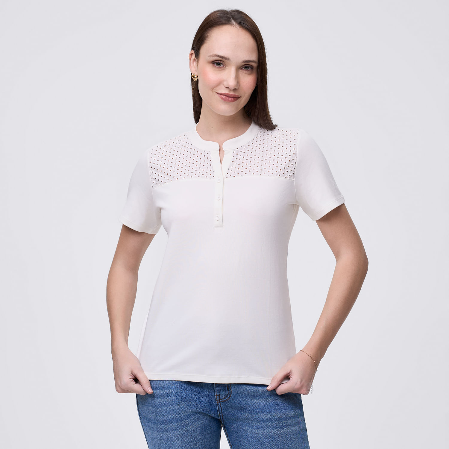 Polo Mujer Greca Pechera Madison Manga Corta Blanco M