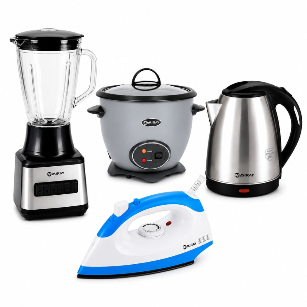 Combo Licuadora 1.5L Negra Más Olla Arrocera 1.5L Gris Más Hervidor 1.8L Gris Más Plancha 1200W Azul