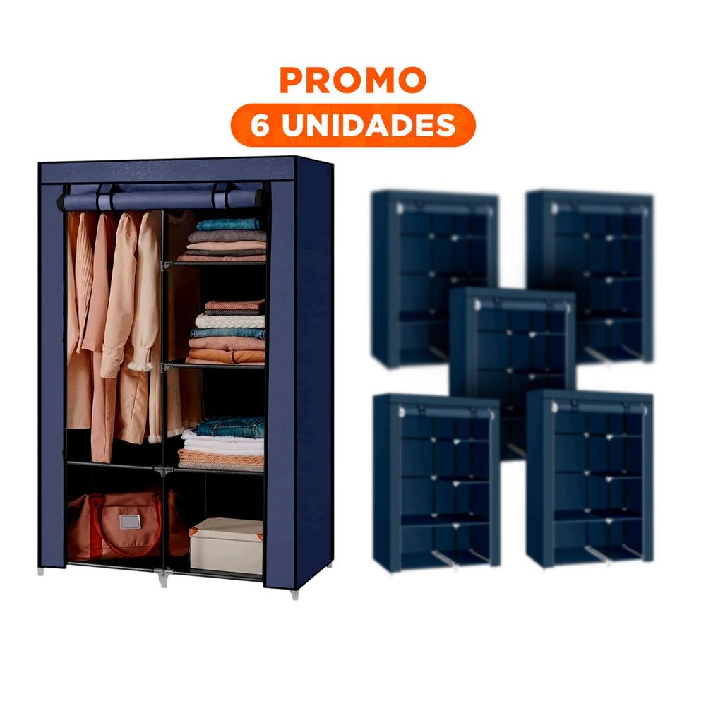 Pack6 Mueble de Tela con Estructura de Metal 105x45x168cm Azul Hogar Pro