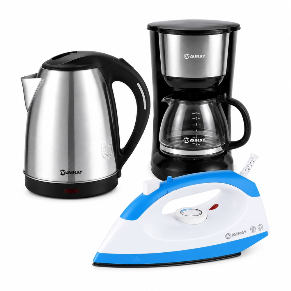 Combo Hervidor 1.8L Gris Más Cafetera 6 Tazas Negra Más Plancha 1200W Azul