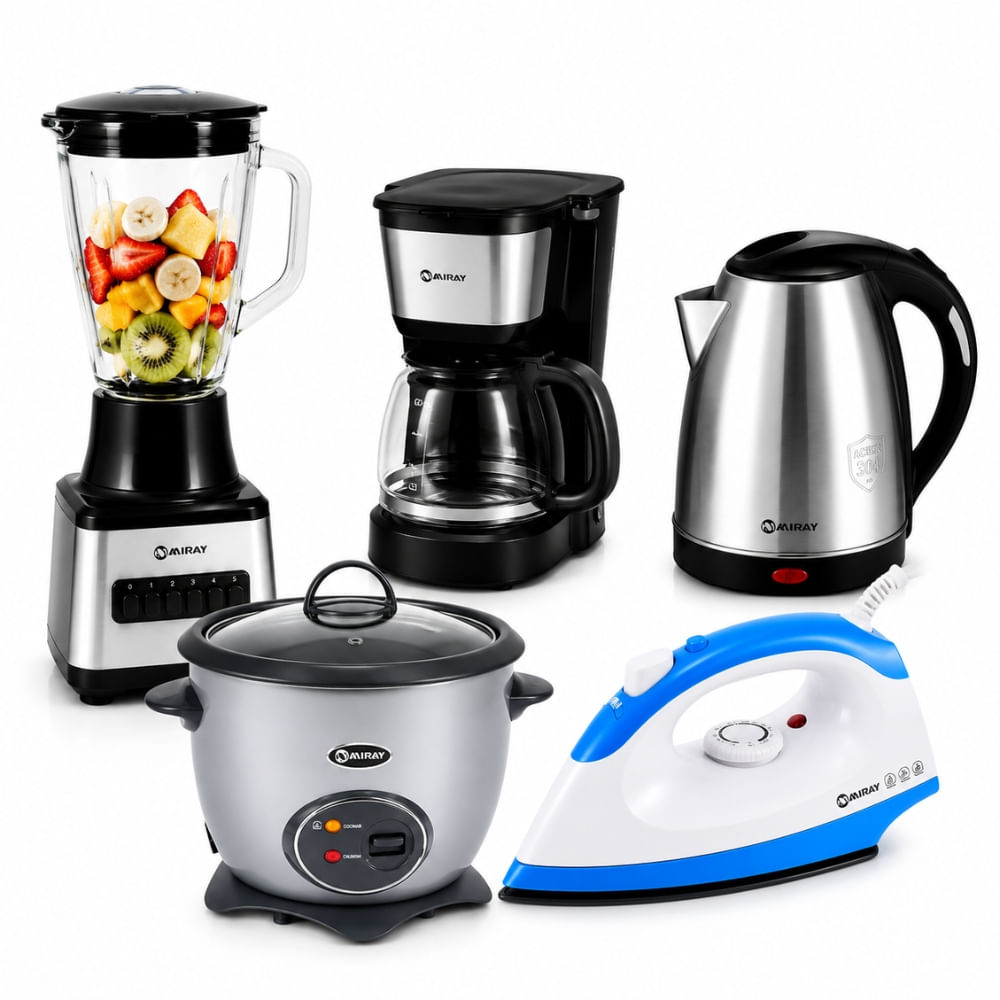 Licuadora 1.5L Más Hervidor 1.8L  Más Cafetera 6 Tazas Negra Más Olla Arrocera 1.5L  Más Plancha