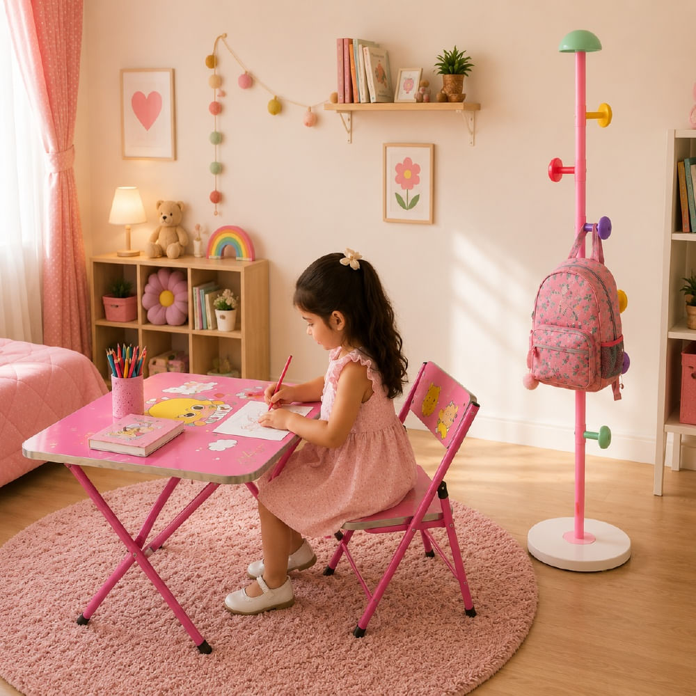 Set Infantil 3 Piezas. Mesa Plegable - Silla Plegable - Perchero Hongo 1.70 m