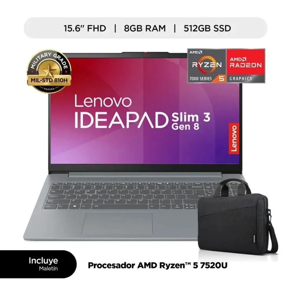 LAPTOP LENOVO IDEAPAD SLIM 3 AMD RYZEN 5 8GB RAM 512GB SSD 15.6 ARTIC GREY -MALETIN