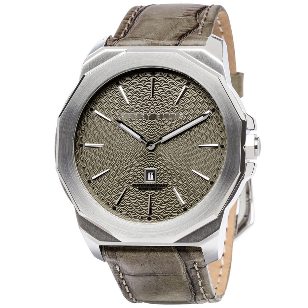 Reloj Perry Ellis Decagon 46 05004-01 Fecha Acero Inoxidable Correa de Cuero Beige Dial Verde