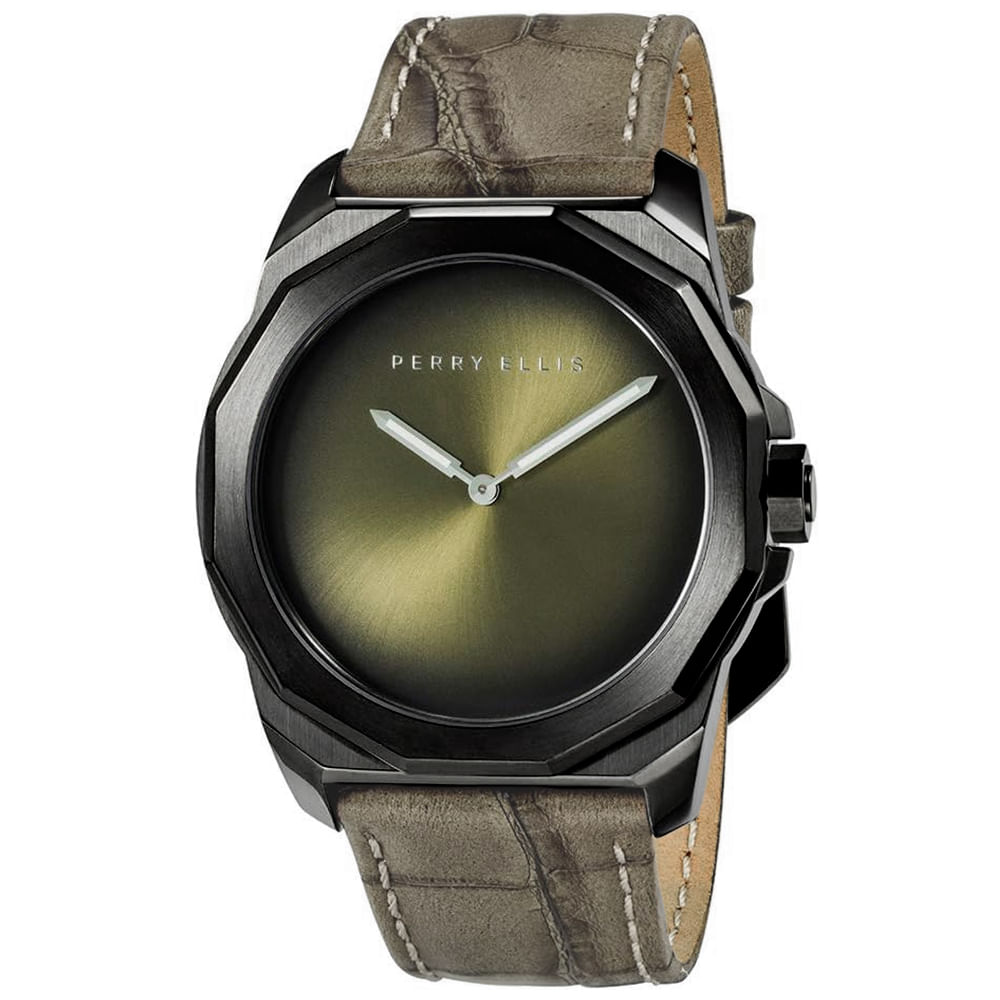 Reloj Perry Ellis Decagon Fading 10004-01 Correa de Cuero Beige Dial Verde